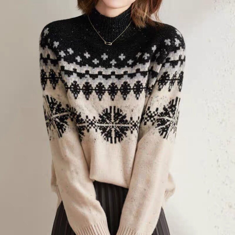 Autumn And Winter Spring New Half Turtleneck Knitted Snowflake Retro Loose Sweater My Store