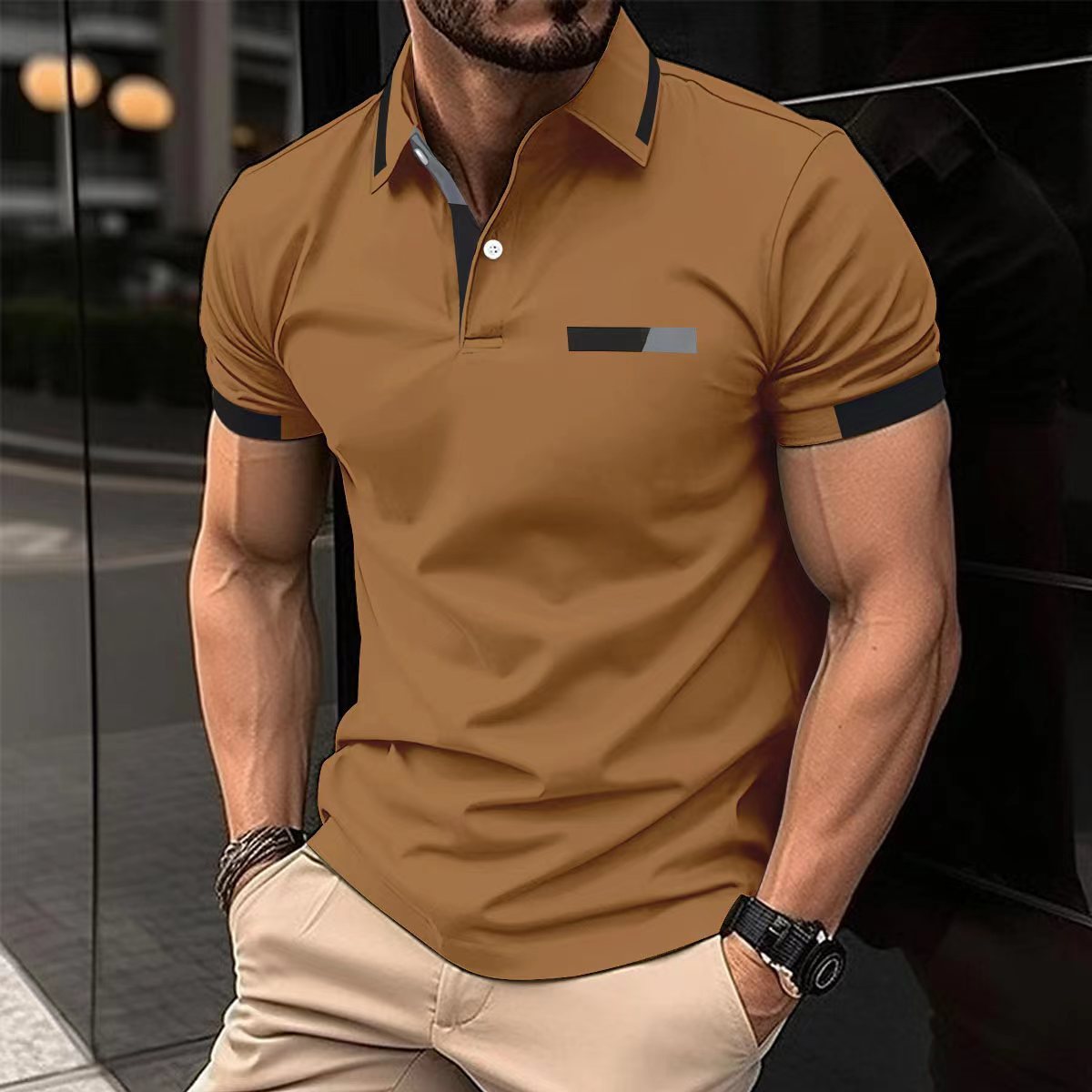 Men's Casual Polo Shirt Chest Faux Pocket Lapel Button Business T-shirt My Store