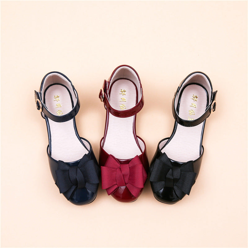 Big Kids' Hollow Velcro Patent Leather Shoes With Bow My Store