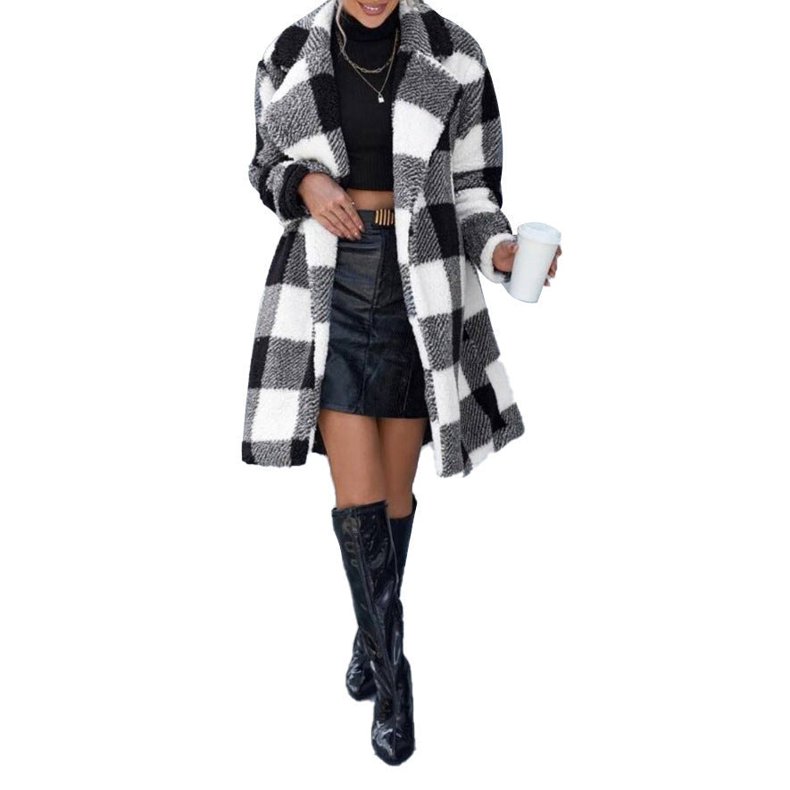 Women's Lapel Long Sleeve Non-buckle Plaid Long Coat My Store