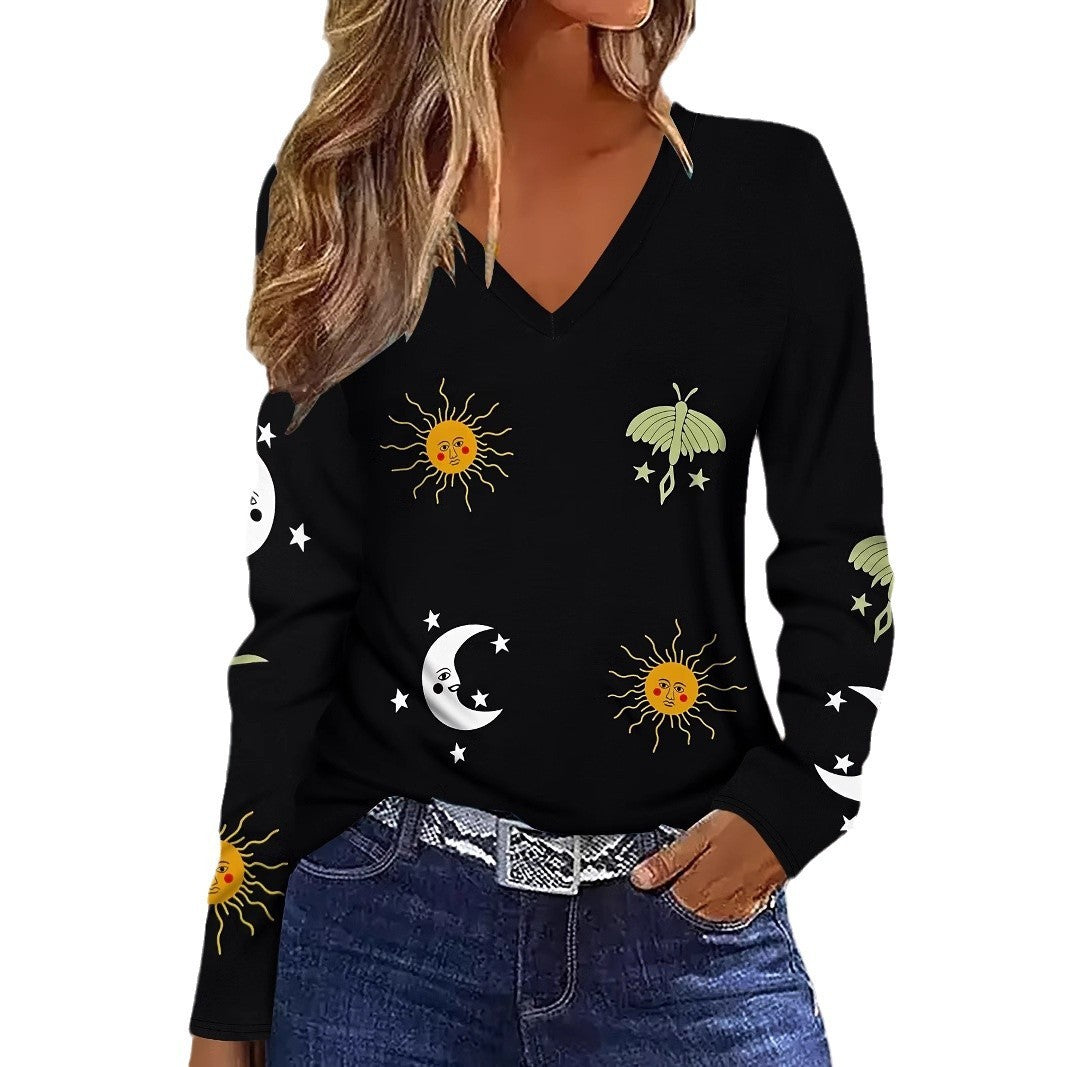 Sun Moon Star Butterfly Graphic Breathable Printed V-neck Long Sleeve T-shirt My Store