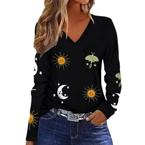 Sun Moon Star Butterfly Graphic Breathable Printed V-neck Long Sleeve T-shirt My Store