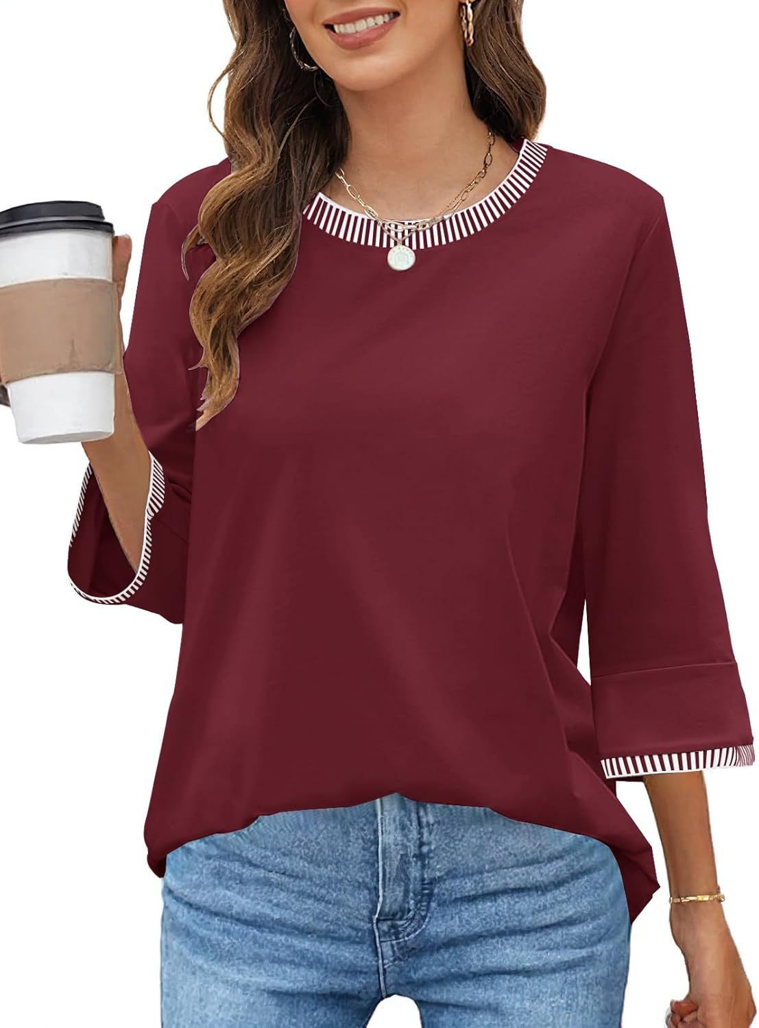 Women's Contrast Color Thread Round Neck Top Solid Color My Store