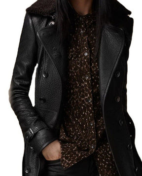 British Women's Fur Collar Leather Coat Mid-length My Store