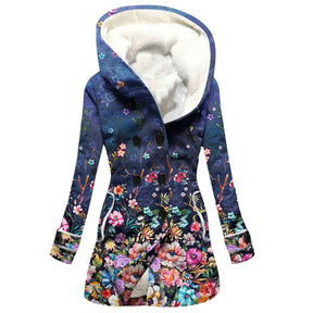 Women's Windbreaker Winter Thickened Imitation Lamb Stitching Floral Hooded My Store