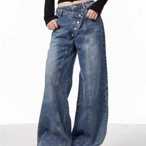 Irregular Breasted Washed Straight Jeans Blue Loose Wide Leg Pants My Store