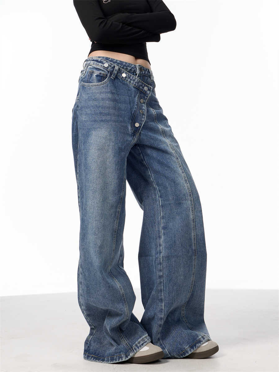 Irregular Breasted Washed Straight Jeans Blue Loose Wide Leg Pants My Store