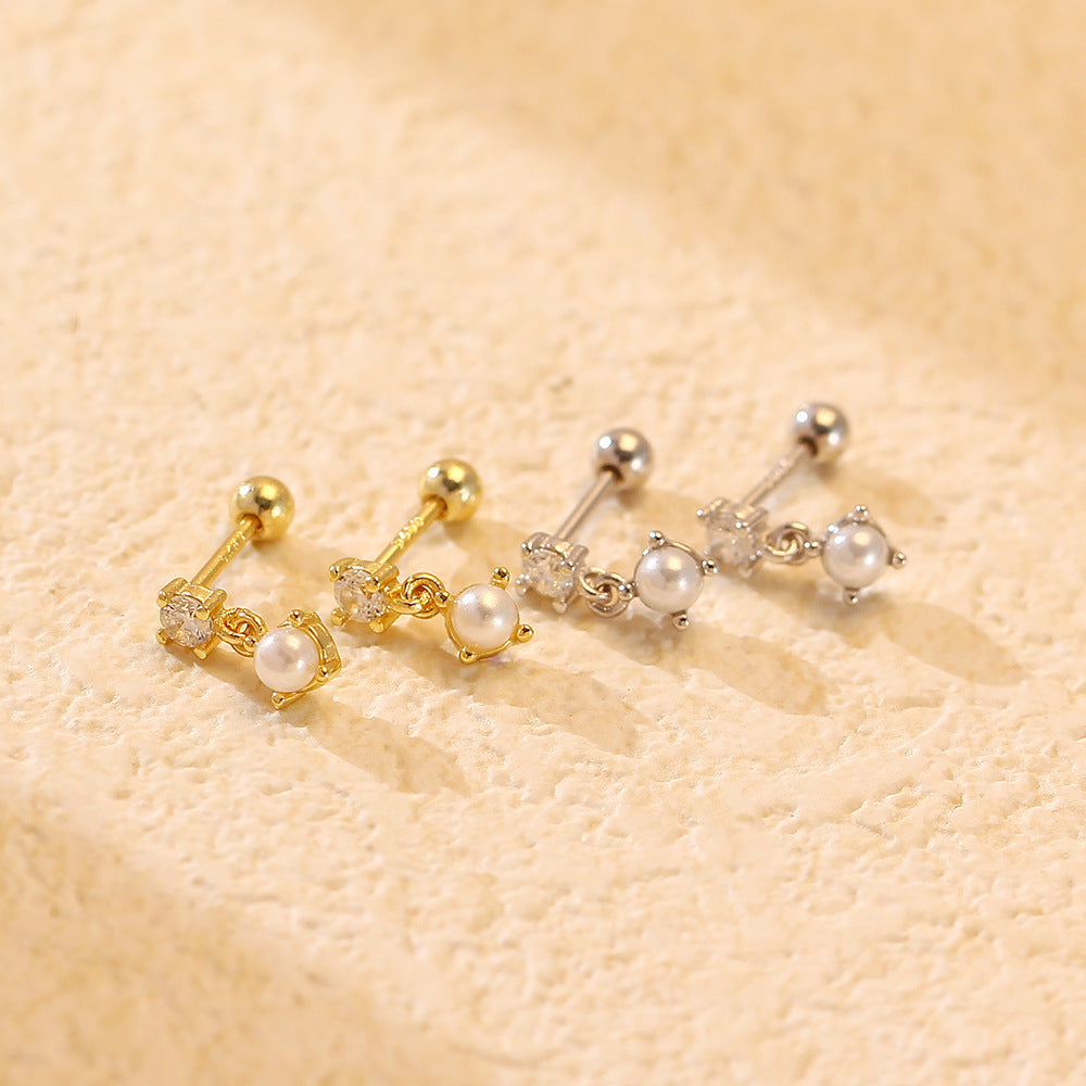 Pearl Stud Earrings Silver Diamond Screws My Store