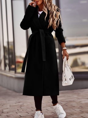 Autumn And Winter Simplicity Long Sleeve V-neck Lace Up Woolen Coat Top Women My Store