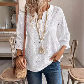 Loose V-neck Temperament Commute Embroidered Bell Sleeve Lace Top My Store