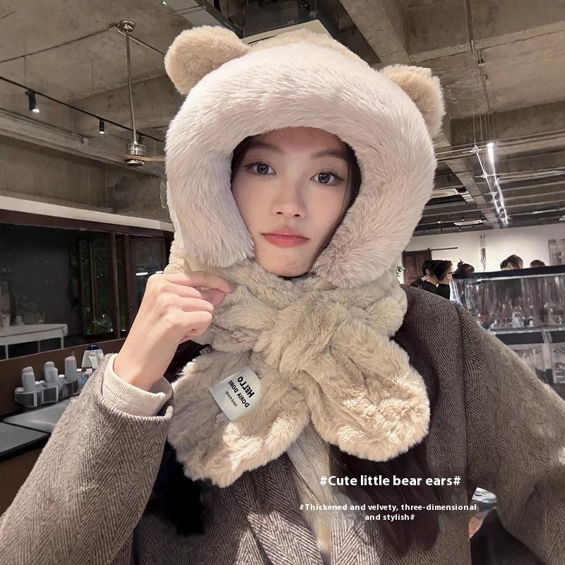 Hat Scarf One Female Student Cute Warm Winter Plush Pullover Ear Protection My Store