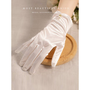 White Satin Short Gloves Lace Pearl Accessories My Store