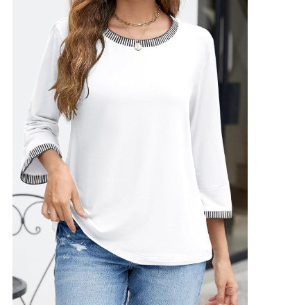 Women's Contrast Color Thread Round Neck Top Solid Color My Store