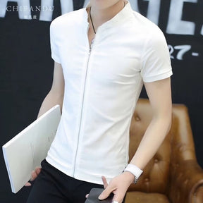 Men's Short Sleeve Stand Collar Shirt Teenagers Slim-fit Cardigan My Store