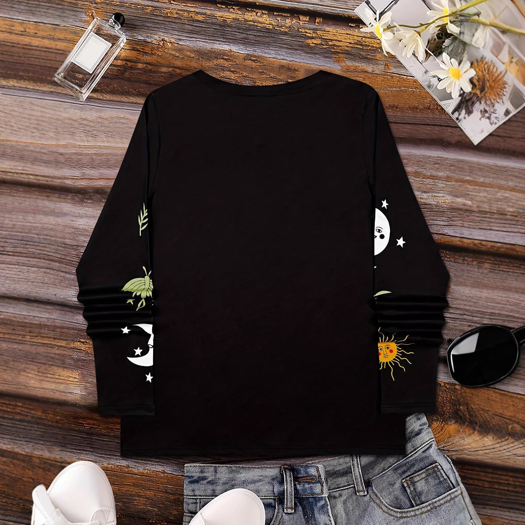 Sun Moon Star Butterfly Graphic Breathable Printed V-neck Long Sleeve T-shirt My Store