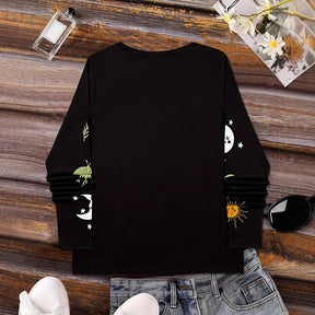 Sun Moon Star Butterfly Graphic Breathable Printed V-neck Long Sleeve T-shirt My Store