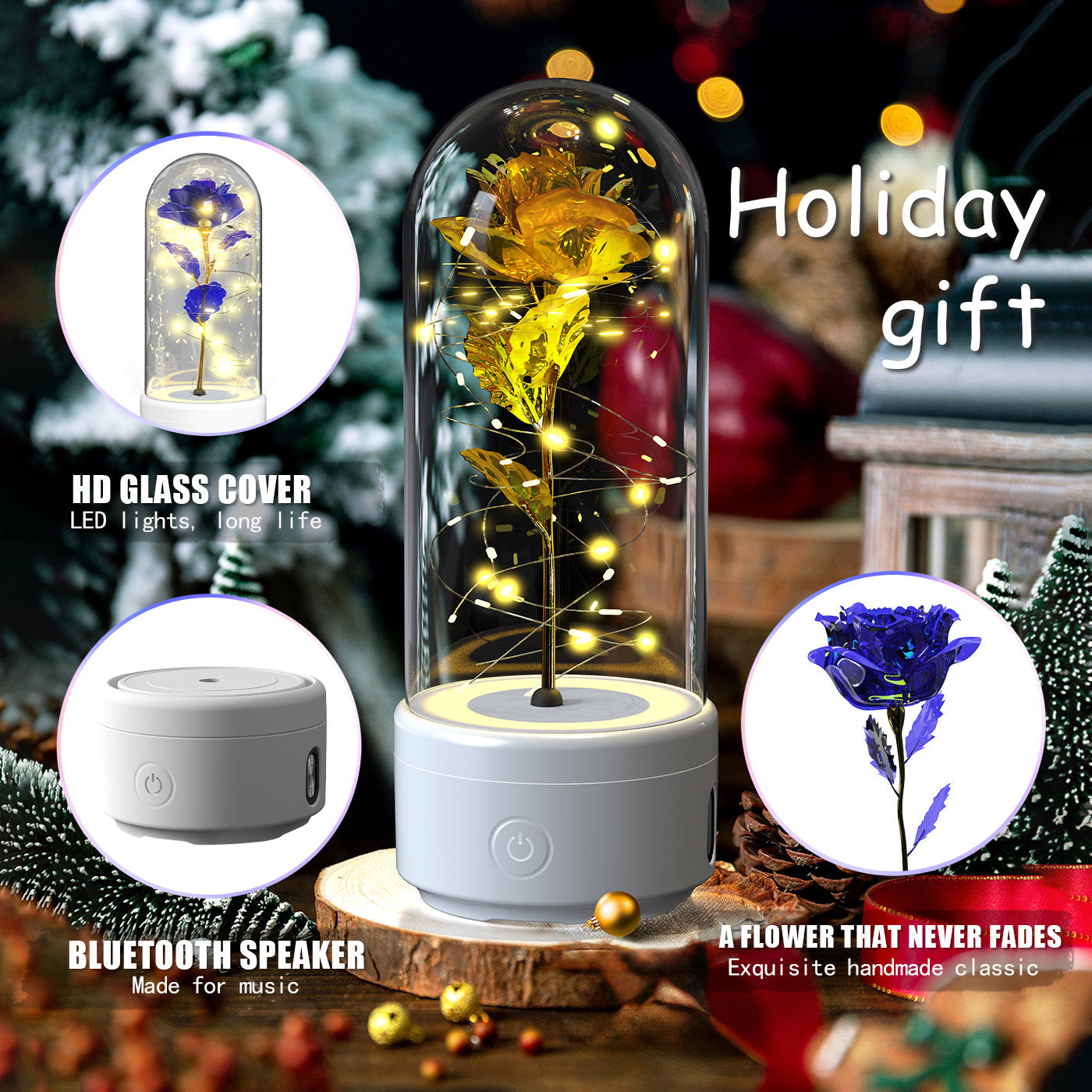 Creative 2 In 1 Rose Flowers LED Light And Bluetooth-compatible Speaker Valentine's Day Gift Rose Luminous Night Light Ornament In Glass Cover My Store