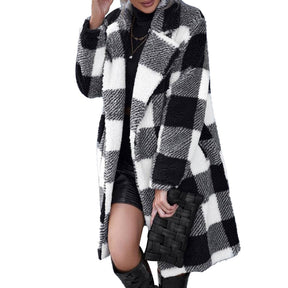 Women's Lapel Long Sleeve Non-buckle Plaid Long Coat My Store