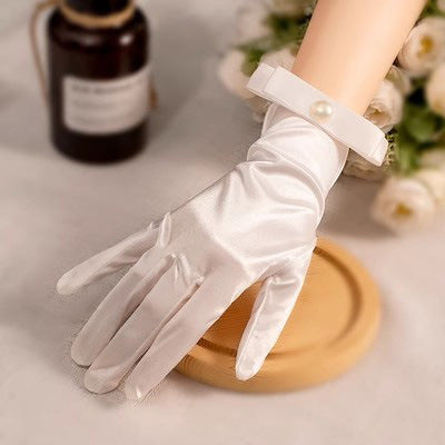 White Satin Short Gloves Lace Pearl Accessories My Store