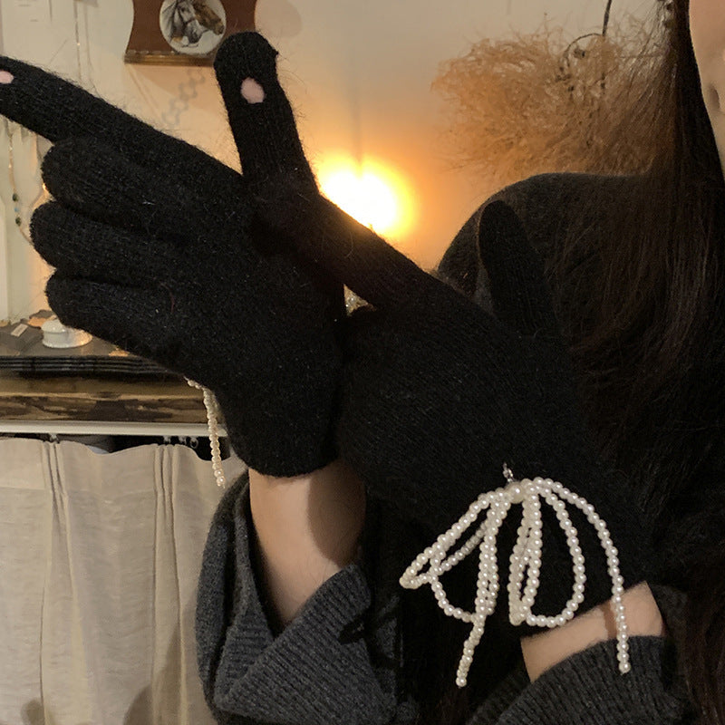 Wool Pearl Bow Finger Gloves Pearl Pendant Hat Macaron Color Rabbit Fur My Store