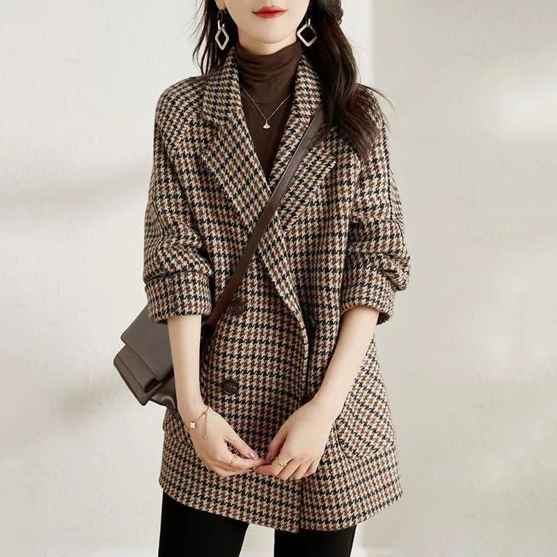 Suit Collar Houndstooth Woolen Coat Woman My Store