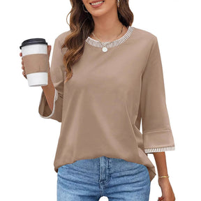 Women's Contrast Color Thread Round Neck Top Solid Color My Store