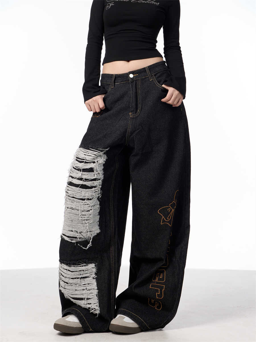 Retro Alphabet Embroidered Jeans Women's Loose Straight Wide-leg Pants My Store