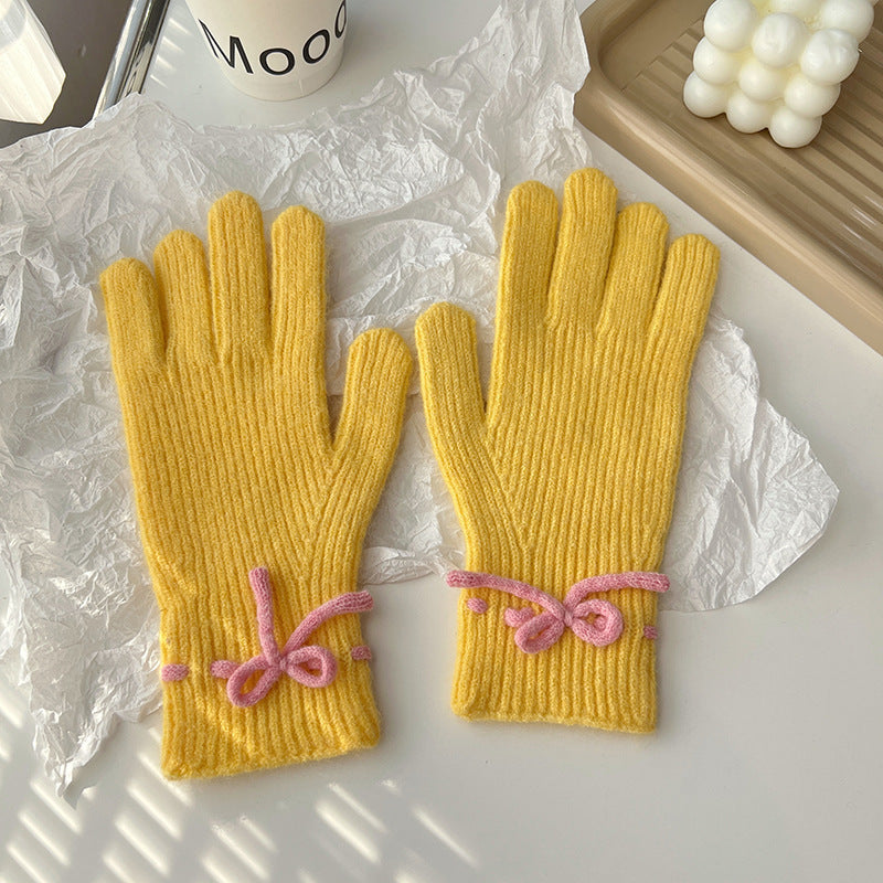 Autumn And Winter New Bow Pure Color Warm Keeping Finger Gloves My Store