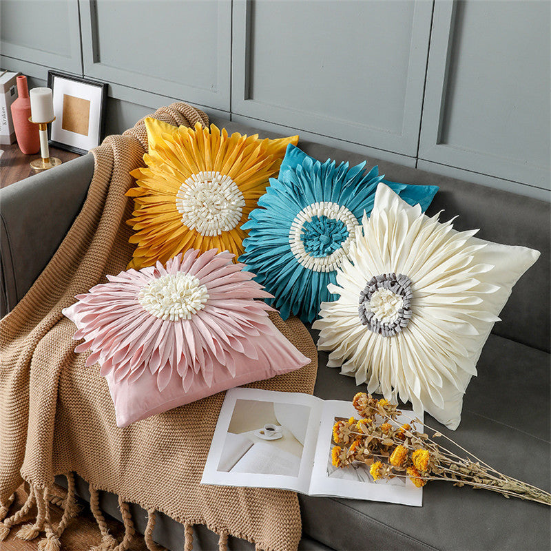 Fashion Modern Style White Throw Pillows Velvet Stitching 3D Chrysanthemum Cushion Waist Pillow Blue Cushion Case My Store