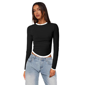 Women's Long-sleeved Round Neck Slim-fit Contrast Colors Short Pullover Top My Store