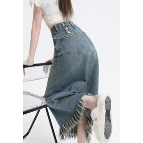 Retro Slit Denim Skirt Women's Tassel Mid-length Hip Skirt My Store