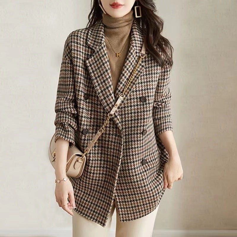 Suit Collar Houndstooth Woolen Coat Woman My Store