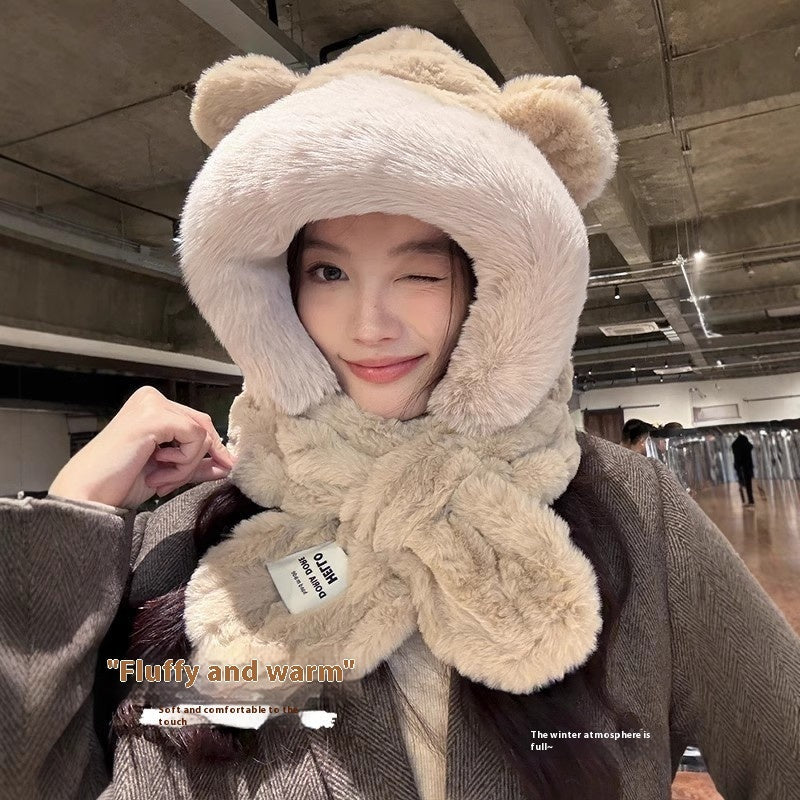 Hat Scarf One Female Student Cute Warm Winter Plush Pullover Ear Protection My Store