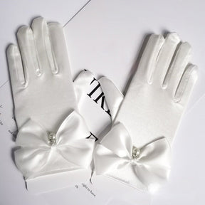 Wedding Gloves Satin Bow Elastic Dangling Beads Princess Style My Store