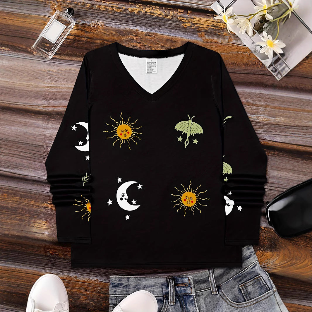 Sun Moon Star Butterfly Graphic Breathable Printed V-neck Long Sleeve T-shirt My Store