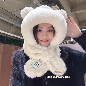 Hat Scarf One Female Student Cute Warm Winter Plush Pullover Ear Protection My Store