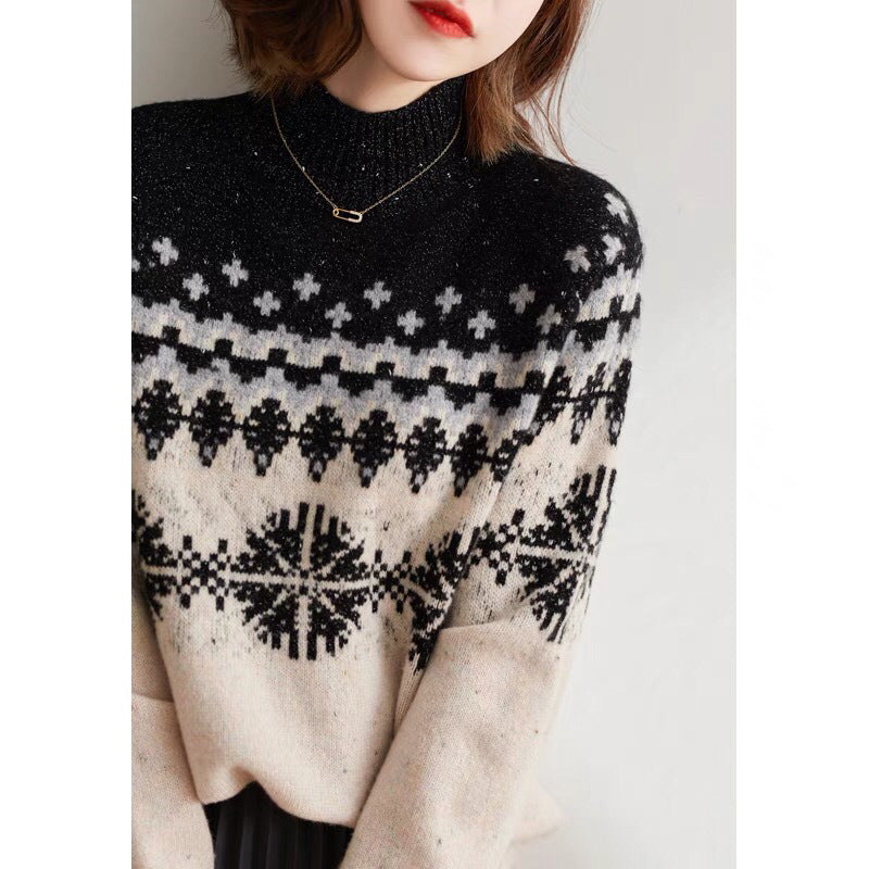 Autumn And Winter Spring New Half Turtleneck Knitted Snowflake Retro Loose Sweater My Store