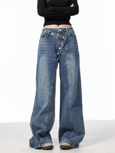 Irregular Breasted Washed Straight Jeans Blue Loose Wide Leg Pants My Store