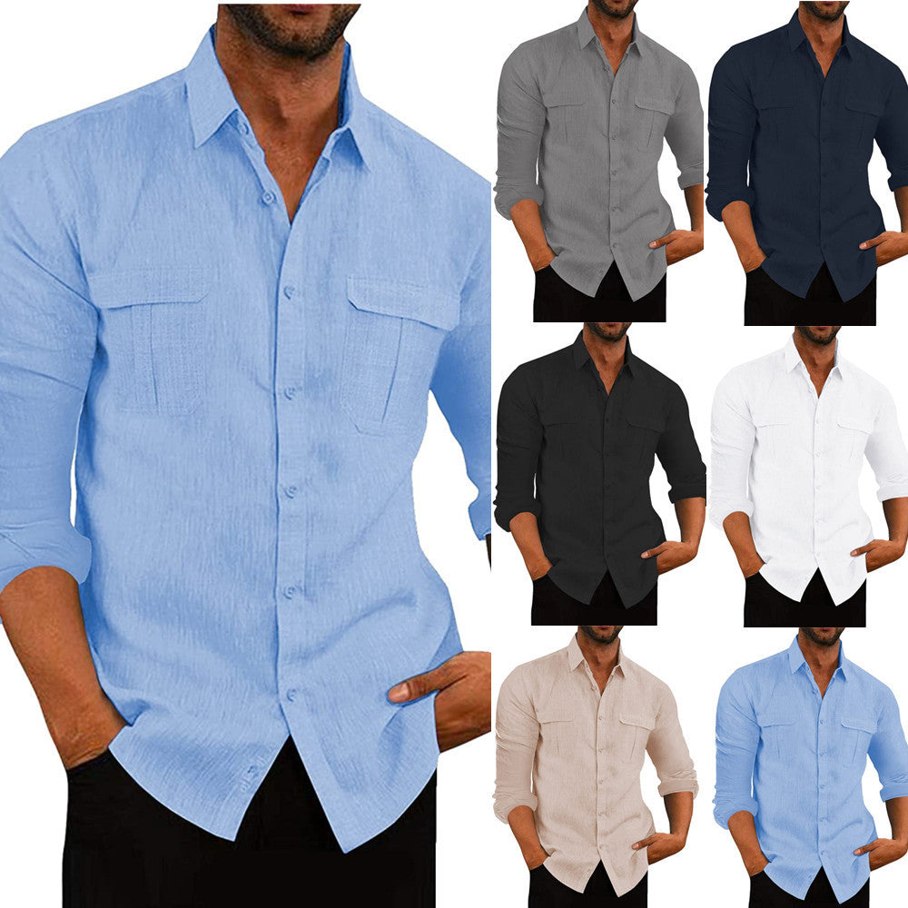 European And American Men's Shirt Double Pocket Cotton Linen My Store