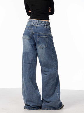 Irregular Breasted Washed Straight Jeans Blue Loose Wide Leg Pants My Store