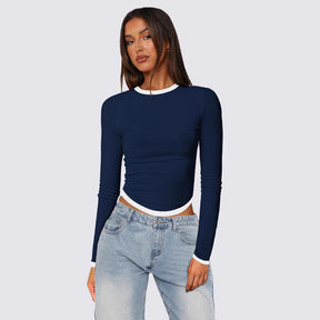 Women's Long-sleeved Round Neck Slim-fit Contrast Colors Short Pullover Top My Store