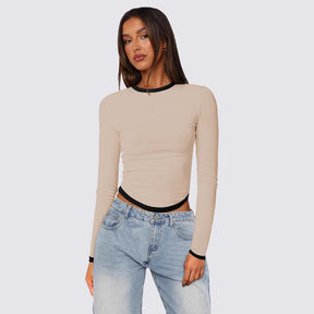 Women's Long-sleeved Round Neck Slim-fit Contrast Colors Short Pullover Top My Store