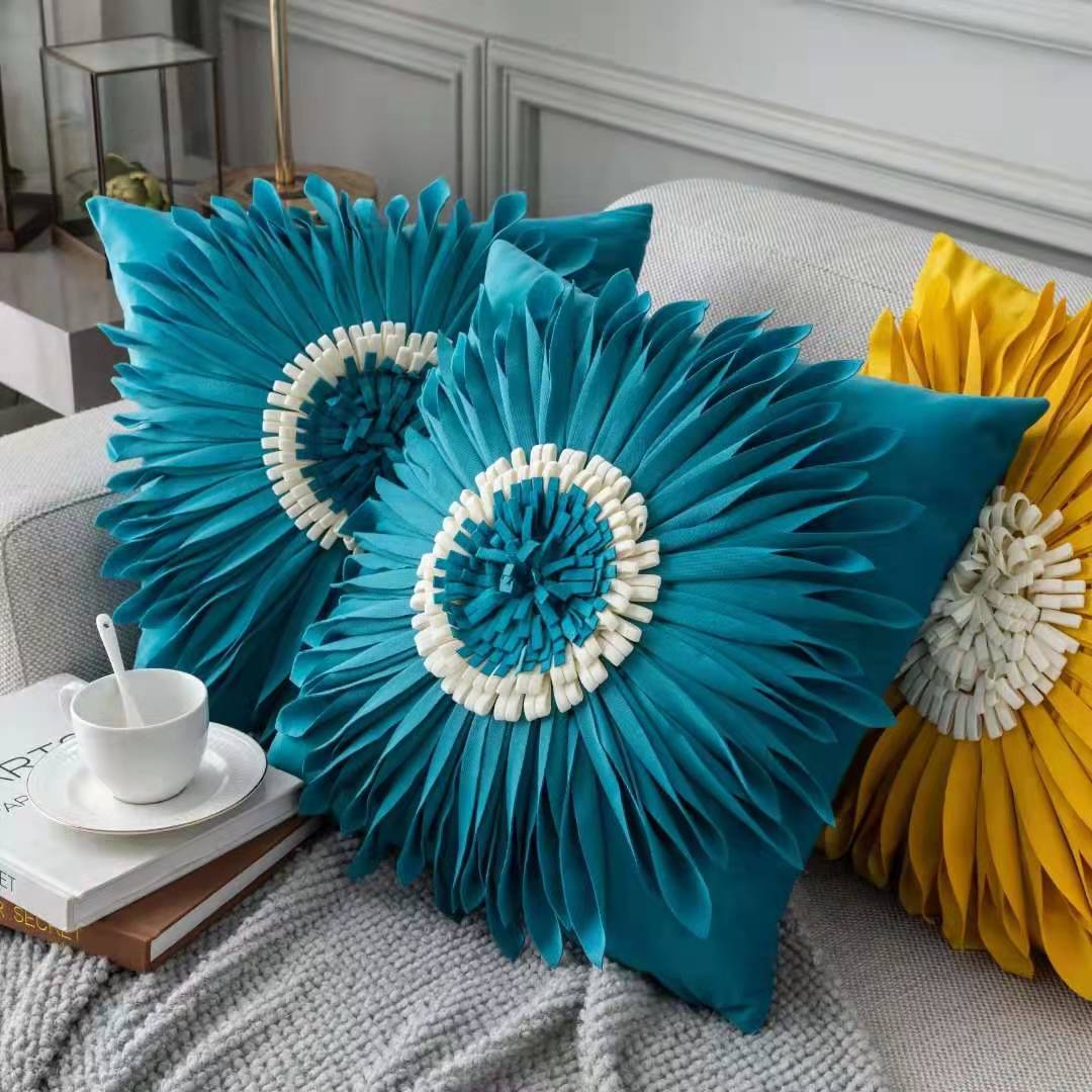 Fashion Modern Style White Throw Pillows Velvet Stitching 3D Chrysanthemum Cushion Waist Pillow Blue Cushion Case My Store