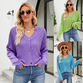 V-neck Hollow Knitted Cardigan Outer Wear Loose Top My Store