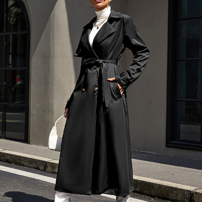 Mid-length High-grade Large Lapel Temperament Commute Lace-up Waist-controlled Black Coat My Store