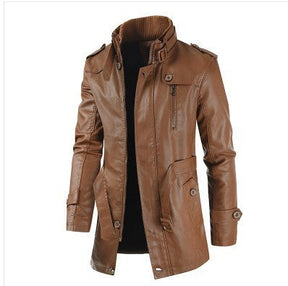 Men's Mid-length Leather Coat Stand Collar Fleece-lined Thickened My Store