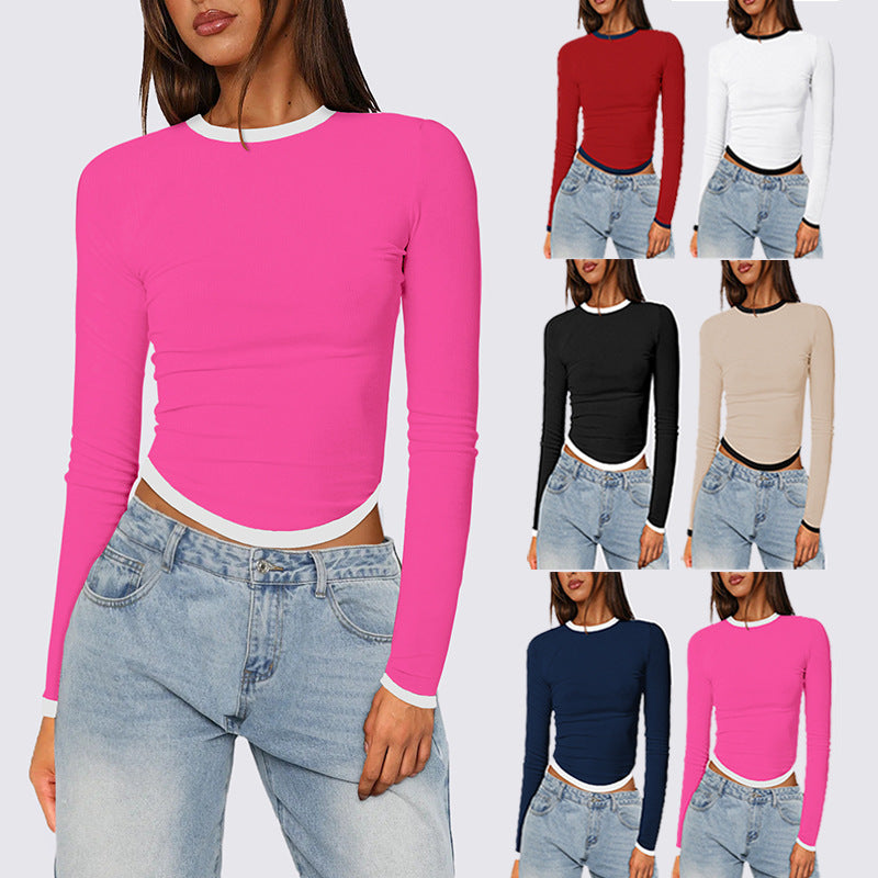 Women's Long-sleeved Round Neck Slim-fit Contrast Colors Short Pullover Top My Store