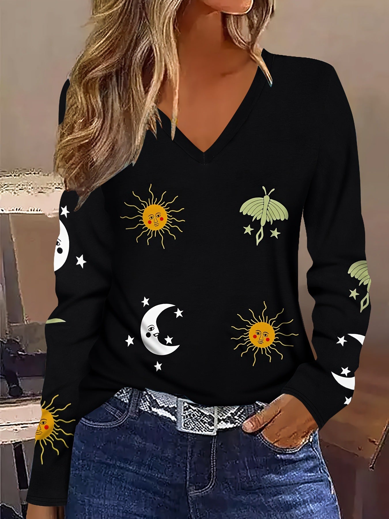 Sun Moon Star Butterfly Graphic Breathable Printed V-neck Long Sleeve T-shirt My Store