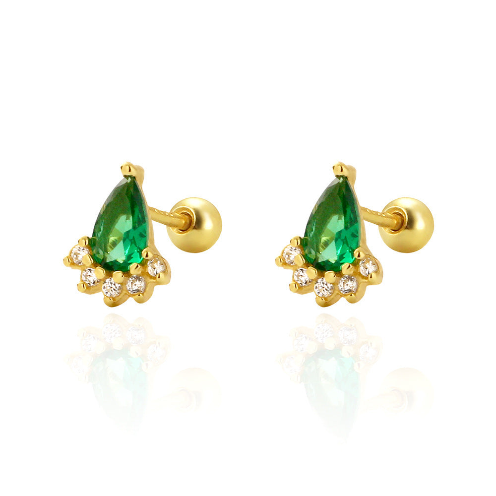 Ear Studs Silver Emerald Diamond Screw My Store