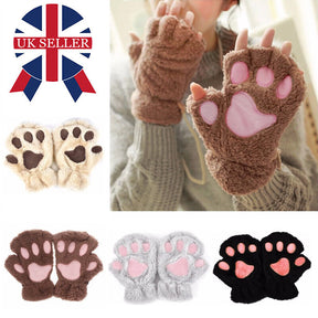 Women Plush Cat Paw Claw Gloves Warm Bear Paw Fingerless Mittens Winter Gloves My Store